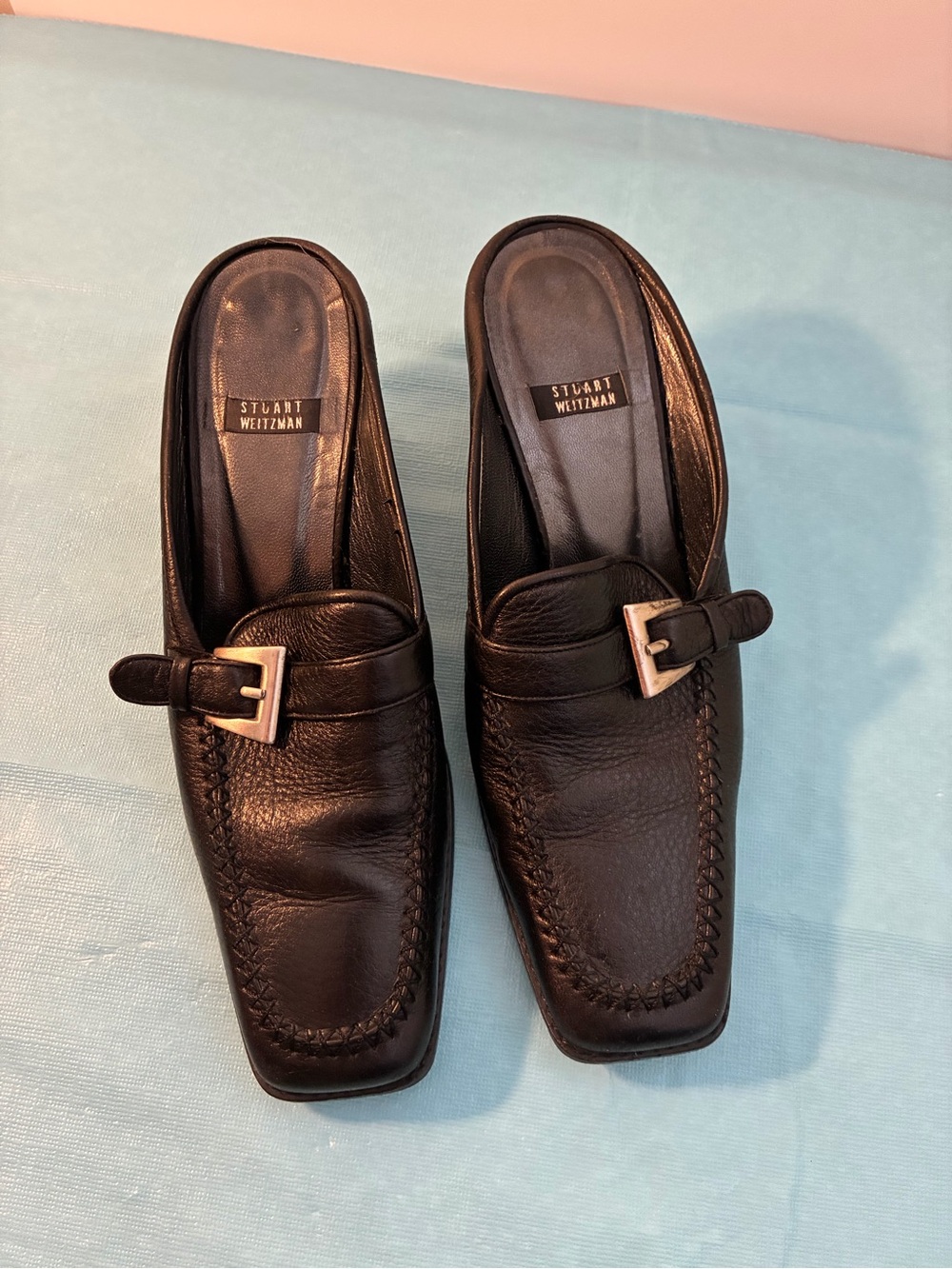 Stuart Weitzman Black Leather Buckle Mule Loafers Size 6B